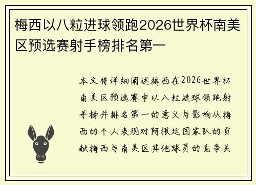 梅西以八粒进球领跑2026世界杯南美区预选赛射手榜排名第一